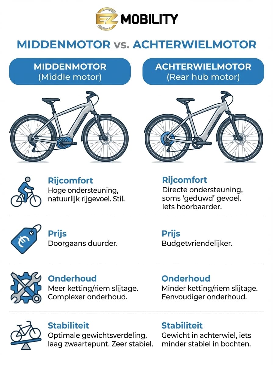 Infographic: Middenmotor vs Achterwielmotor vergelijking met EZ Mobility logo